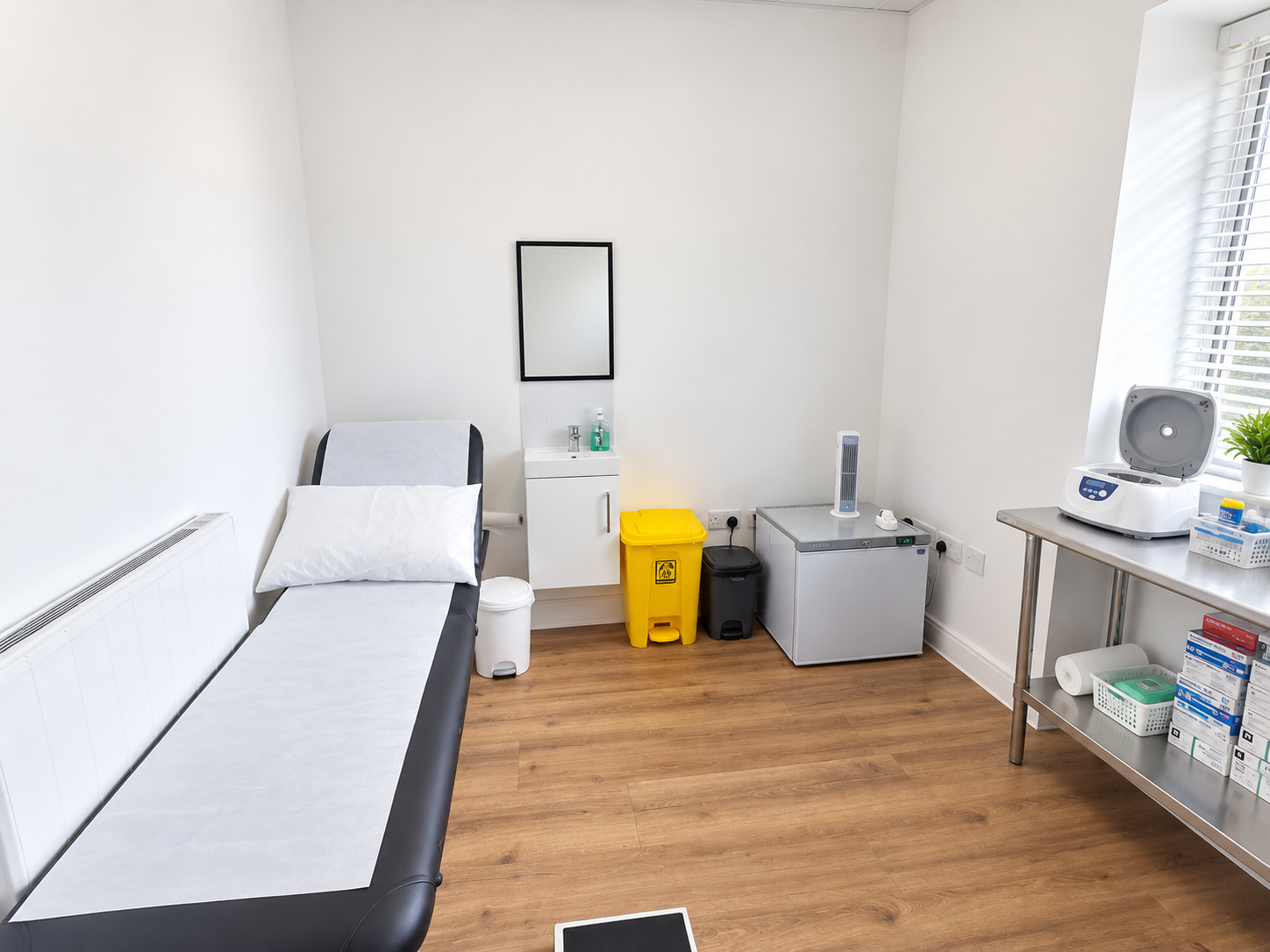 Mew Medical treatment room with examination couch, sink and PRP centrifuge